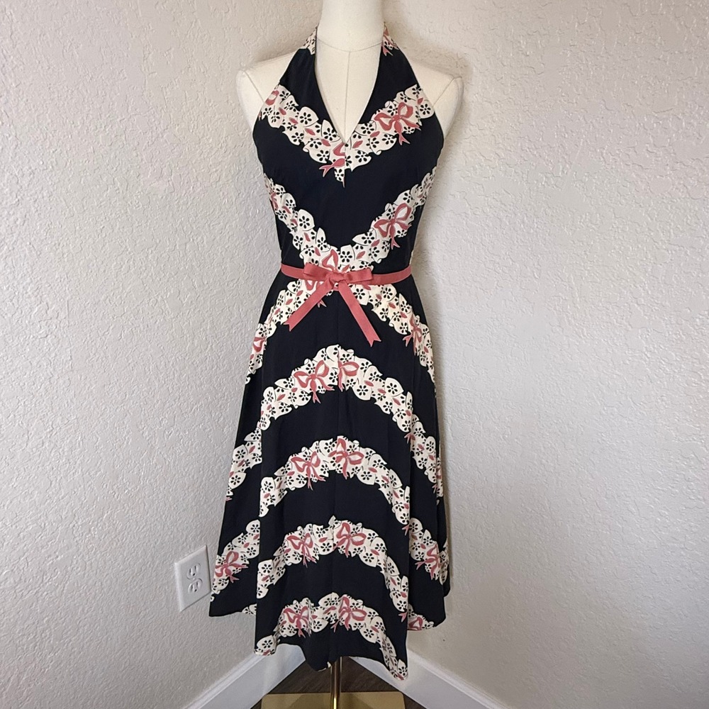 Retro Halter Midi Dress London Times Size 4 Black Retro Fit Flare Cocktail